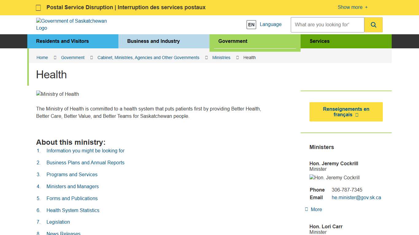 Ministry of Health Ministries Government of Saskatchewan